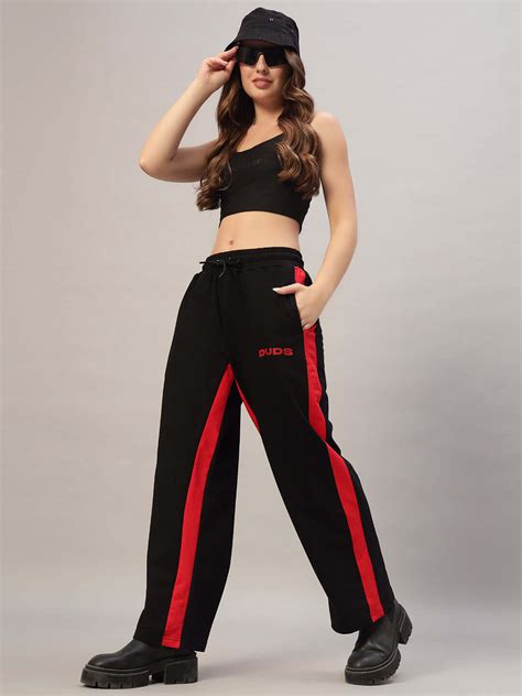 WOMEN SIDE SEAM BAGGY JOGGERS BLACK RED | Buy Online at Wearduds India