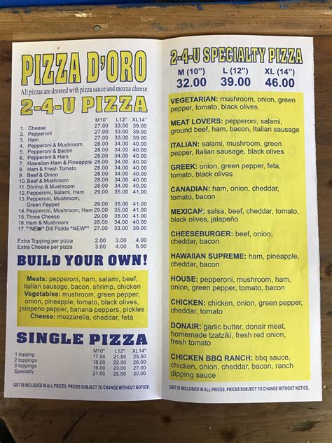 Menu at Pizza D'oro Pizza & Pasta pizzeria, Ponoka