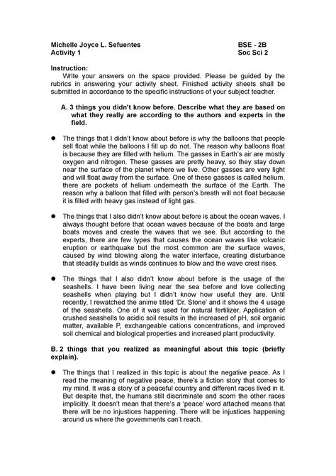 Soc Sci 2 BSE2B Sefuentes A1 - Michelle Joyce L. Sefuentes BSE - 2B ...
