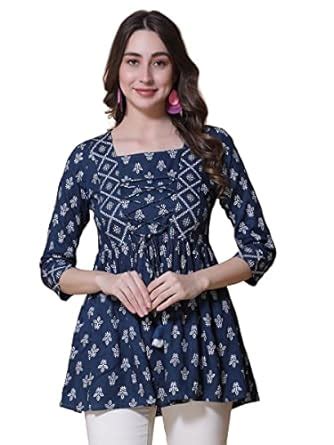 GOD BLESS Blue Colored Rayon Sliver Floral Printed Drawstring Tops ...