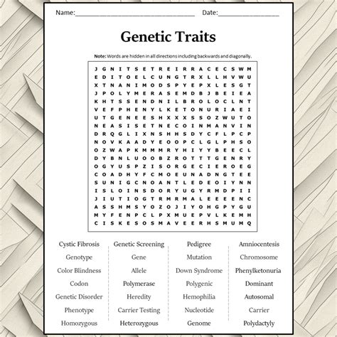 Genetic Traits Word Search Puzzle Worksheet Activity PDF - PrintableBazaar