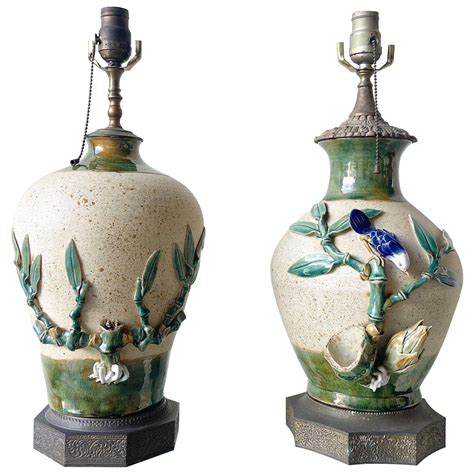 Vintage Ceramic Hand Painted and Sculpted Table Lamps With Brass Bases ...