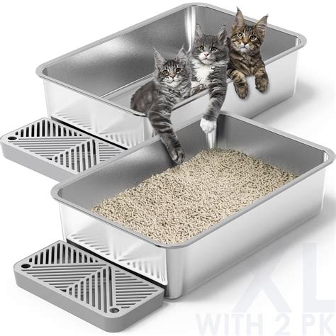 2 Pack 20L Extra Large Stainless Steel Cat Litter Boxes High Sides ...