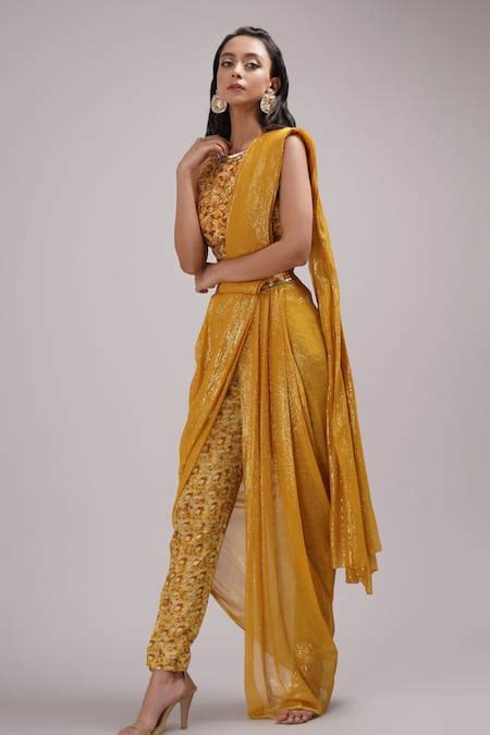 Buy Yellow Cotton, Georgette Lace Printed Pant Cowl Saree Set With ...
