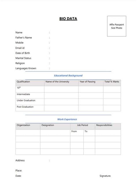 Image result for Bio Data Form PDF Job