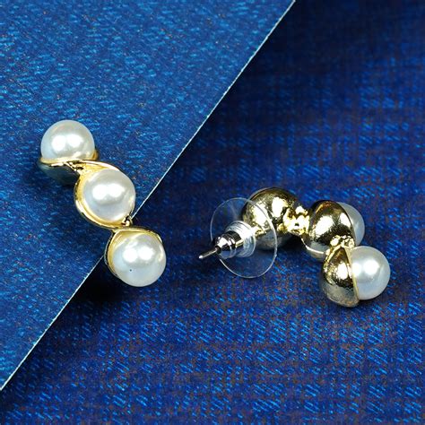 Zevar Club Gold Tone Triple Glossy White Pearl Beaded Curved Wave Desi
