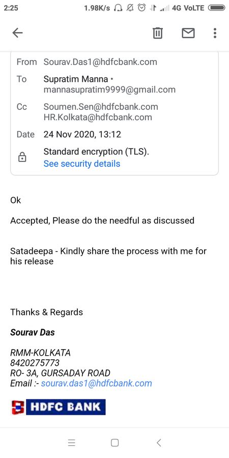 HDB Financial Services — Relieving letter and full and final compensation