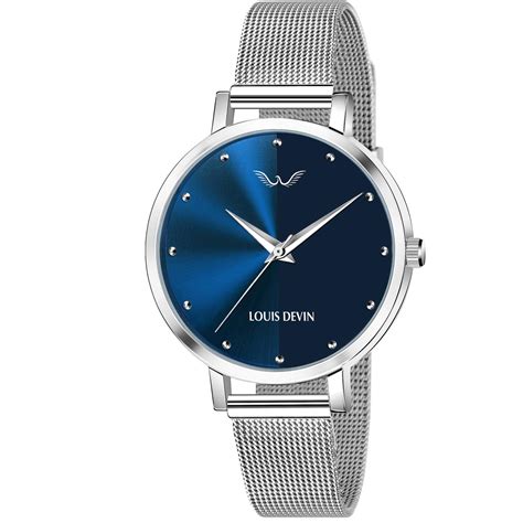 LOUIS DEVIN LD-L144-BLU-CH Mesh Blue Dial Silver Band Stainless Steel ...