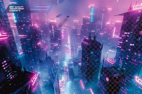 A cyberpunk cityscape illuminated by neon lights and holographic ...