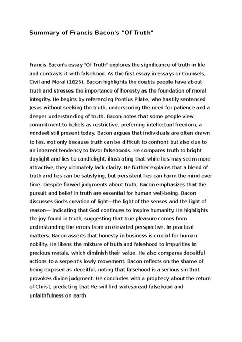 Of Truth Summary - Summary of Francis Bacon's "Of Truth" Francis Bacon ...