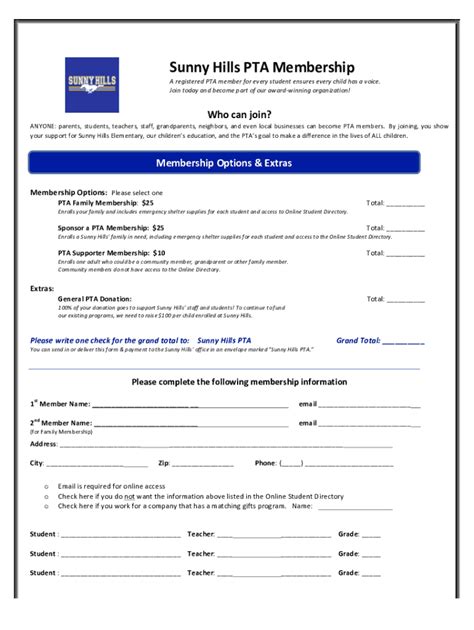 Fillable Online 2017-18 Sunny Hills PTA Membership Form and Letter Fax ...