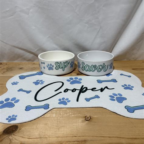 Custom Name Dog Floor Mat With Food and Water Bowls / Pink or Blue ...