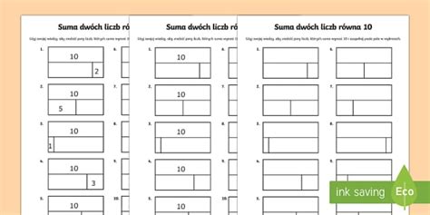 Karty Suma dwóch liczb równa 10 Wykresy słupkowe
