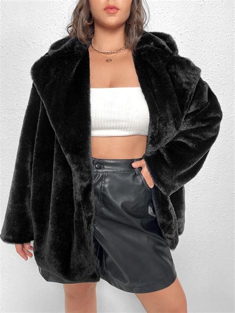 SHEIN Essnce Plus Lapel Neck Drop Shoulder Fuzzy Coat, For Winter ...