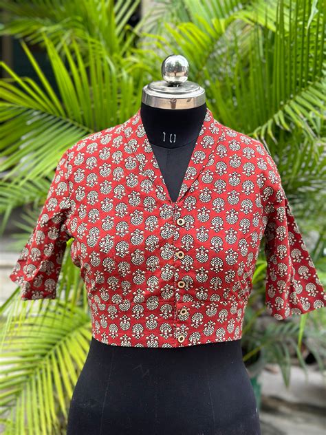 Red Bagru Handblock Print Cotton Blouse with Collar neck and sleeves ...