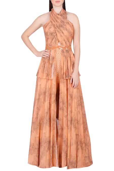 Buy Peach Halter Neck Tunic And Sharara Set For Women by Julie by Julie ...