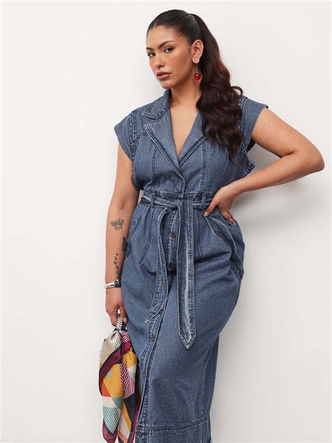 Buy Women Blue Blast Denim Notch Collar Button Down Midi Dress Online ...