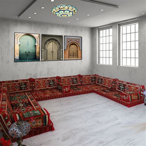Arabic Floor Sofa U Shaped Blue Floor Cushions, Modern Arabic Majlis