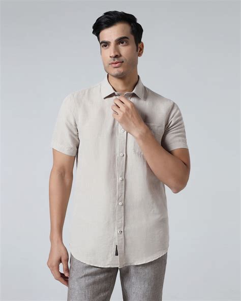 Buy Natural Linen Half Sleeve Shirt From Cleo Collection