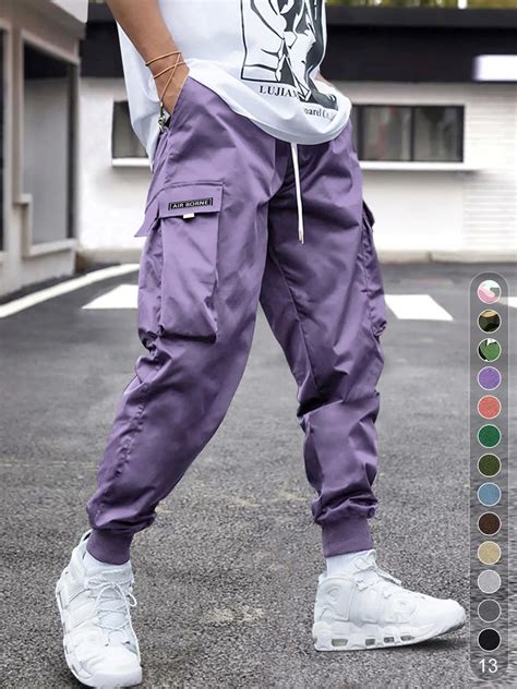 Men's Plain Loose Patched Flap Pocket Drawstring Waist Cargo Pants ...