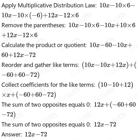 Solved: 10(x-6)-10(x-6)+12(x-6) [Math]