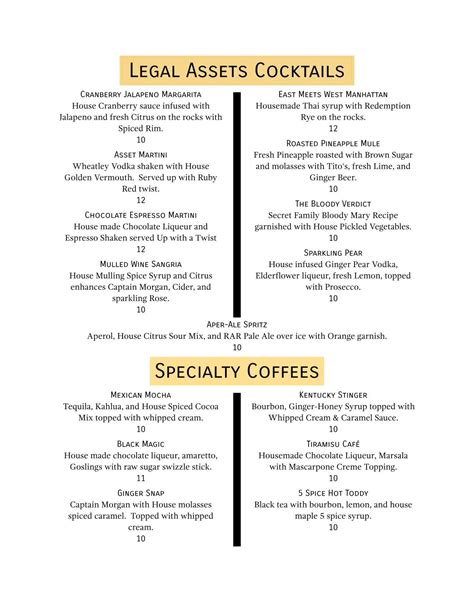 Menu at Legal Assets Craft Food & Spirits restaurant, Easton