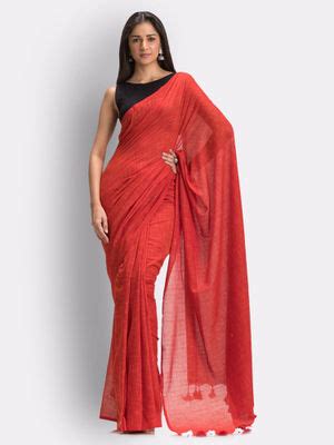 Buy Angoshobha Red Handloom Traditional Molmol Cotton Saree with ...