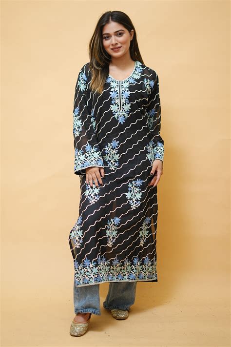 Black diagonal kashmiri kurti with multicolour all over front