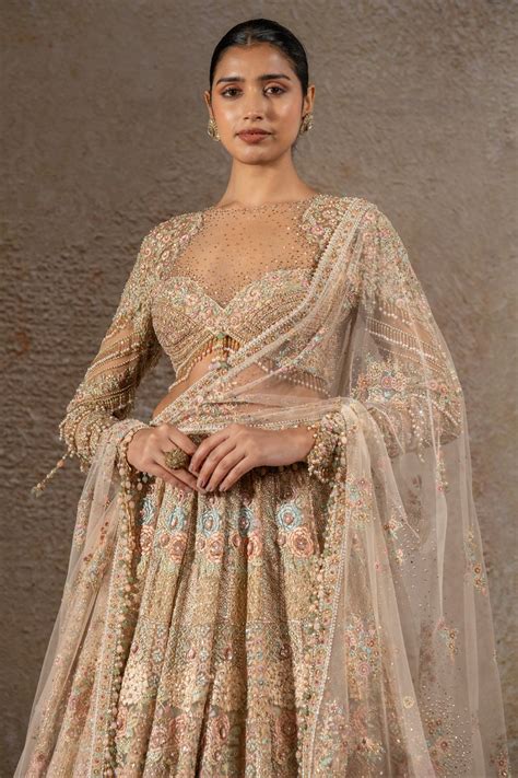 Golden Light Hand Embroidered Floral Lehenga Set with Dupatta