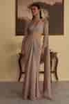 Buy Beige Starlit Whisper Vine Border Embellished Pre-draped Saree With ...