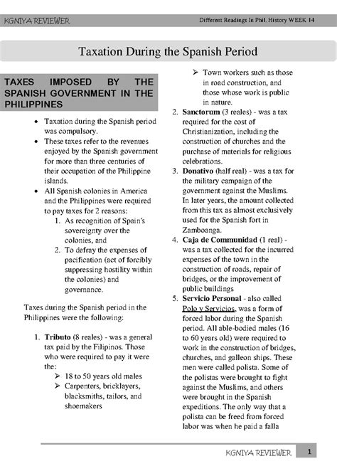 Taxation During the Spanish Period - KGNIYA REVIEWER Different Readings ...