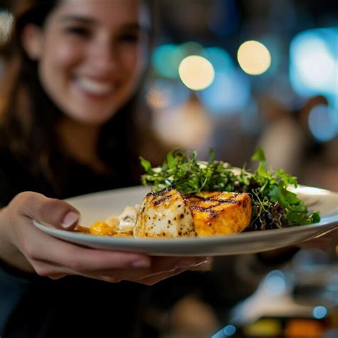 A closeup of a smiling server presenting a beautifully plated dish to a ...