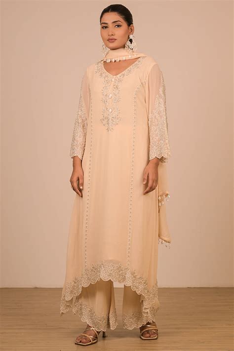Ivory Pearl Embroidered Georgette Suit Set with Scalloped Detailing