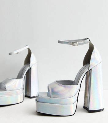Public Desire Silver Holographic Block Platform Heel Sandals | New Look