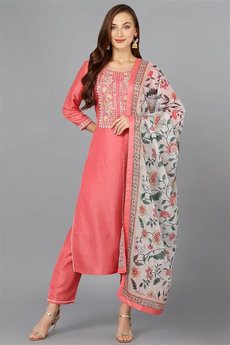Coral Pink Silk Blend Straight Kurta Pant With Dupatta – Ahika