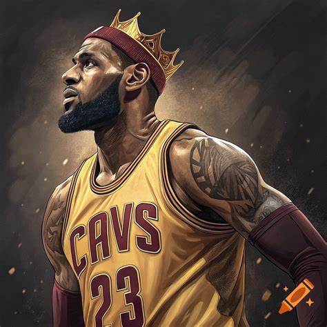 Stylized portrait of LeBron James in a Cavs jersey and crown, looking ...