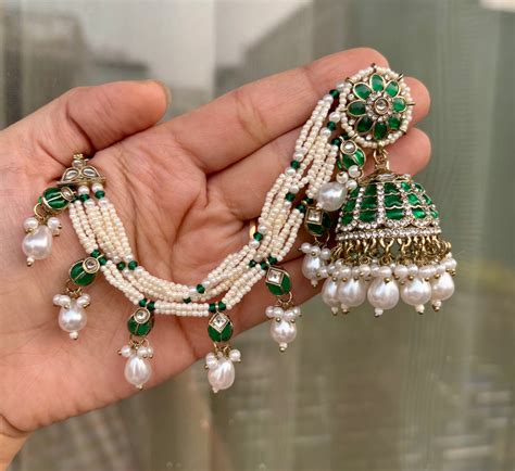 Sunpreet Green Pearls & Stones Touch Work Jhumkas With Side Layers – My ...