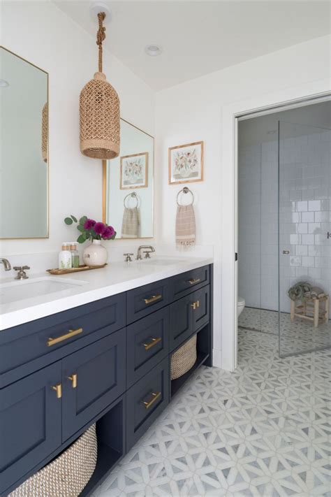 Blue, Brass, Marble & Rattan Bathroom | Bathroom remodel designs, Blue ...