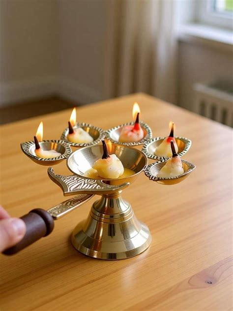 DARIDRA BHANJAN Brass Woodan Panch arti Diya Pach Aarti Deepak for ...