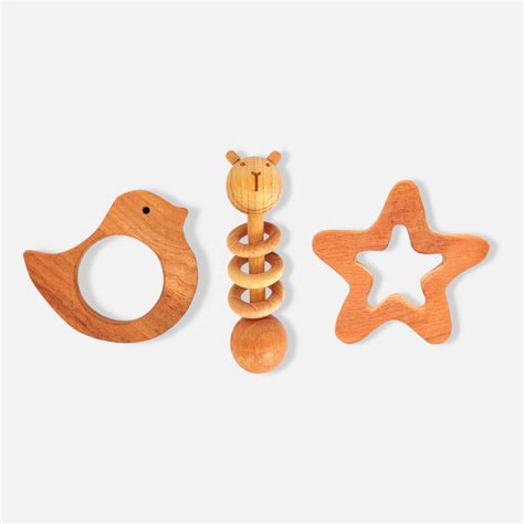 Neem Wood Teethers Rattles Combo - Bird, Star, & Dumbbell – Erenjoy
