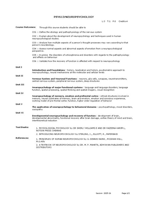 PSY613: Neuropsychology Course Outcomes and Syllabus Overview - Studocu