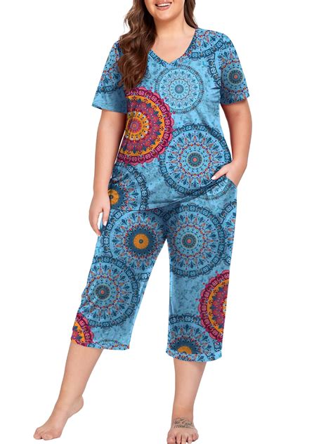 Cueply Women Plus Size Pajamas Set, Short Sleeve V-Neck Sleepwear ...