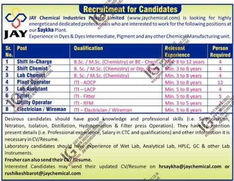 Jay Chemical Bharuch jobs for Production Quality Control Shift Incharge ...