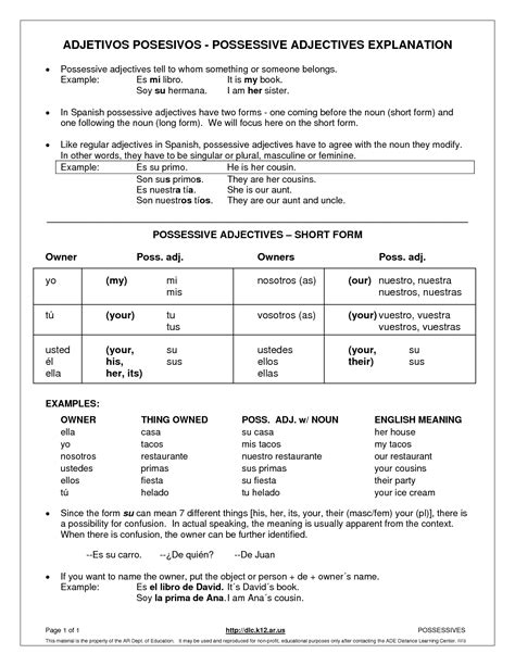 Possessive Adjectives In Spanish Worksheet - Printable And Enjoyable ...