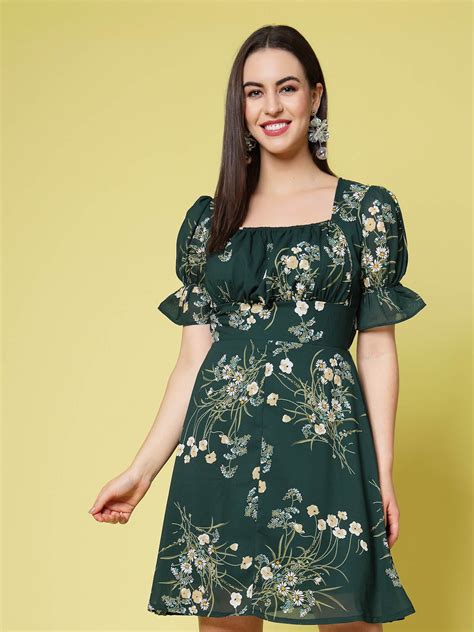 Green Floral Print Square Neck Puff Sleeve Fit Flare Dress