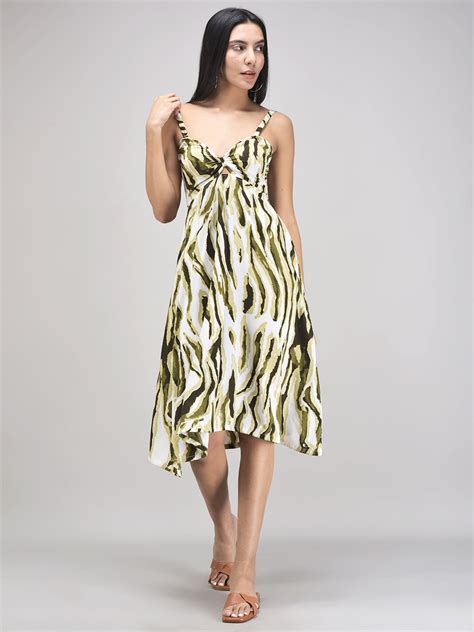 Green A-Line Cotton Dress for Women – Summer Printed Midi Dress India ...