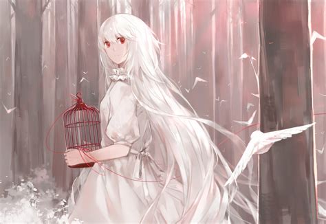 Download wallpaper forest, girl, birds, cell, art, white hair, thread ...