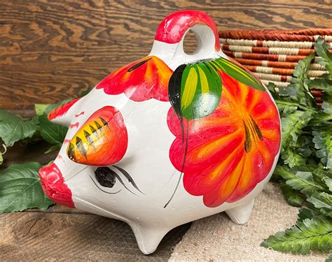 Hand Painted Mexican Pottery Piggy Bank -Red - Mission Del Rey ...