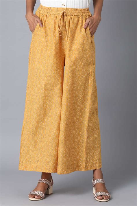 Mustard Geometric Printed Straight-fit Cotton Palazzo with Drawstring ...