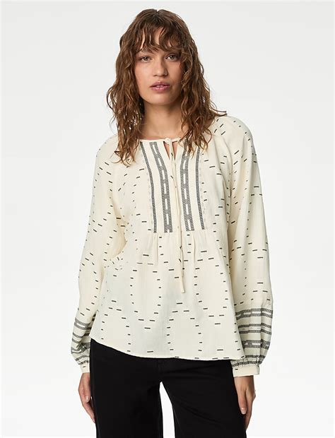 Buy Cotton Rich Embroidered Tie Neck Blouse at Marks & Spencer
